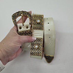 You & Me‎ Belt Womens Small Cream Leather Gold Rhinestone Western Made in USA